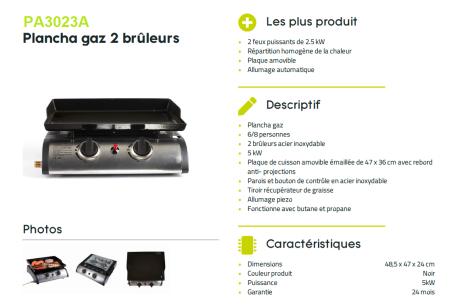 PLANCHA GAZ  PREMIUM LUIS - FONTE EMAILLE - 2 BRULEURS - Plaque  47 X 36 cm