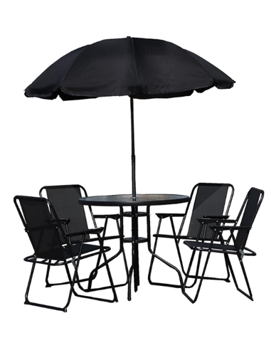 SALON DE JARDIN ANTHRACITE 4 CHAISES PLIANTES + TABLE VERRE + PARASOL