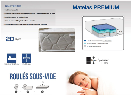 MATELAS PREMIUM 140 X 190 x 20cm dont 7 cm de memoryfoam