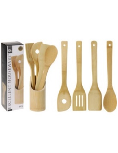 LOT DE 4 USTENSILES DE CUISINE EN BOIS AVEC SUPPORT