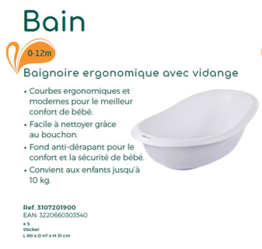 BAIGNOIRE BEBE ERGONOMIQUE AVEC BOUCHON