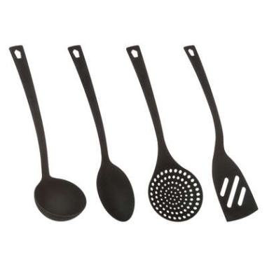 LOT 4 USTENSILES DE CUISINE EN NYLON NOIR LOUCHE SPATULE CUILLERE ECUMOIRE