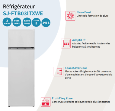 REFRIGERATEUR CONGEL.BLANC SHARP H160 CM -243L 201L+42L SJFTB03ITXWE
