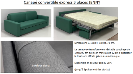 CANAPE CONVERTIBLE GRIS NEW JENNY 2PLACES - COUCHAGE 140X190 CM
