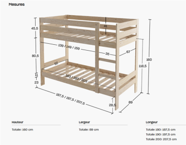 LIT SUPERPOSE " MONTREAL" 80 X190 -Pin naturel , avec sommier