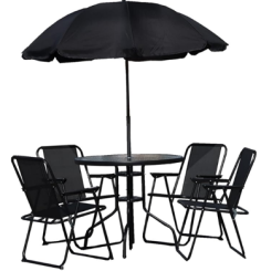 SALON DE JARDIN ANTHRACITE 4 CHAISES PLIANTES + TABLE VERRE + PARASOL