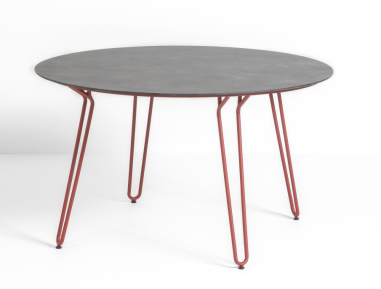 TABLE RAMATUELLE Ø130CM - PIED ROUGE PLATEAU ANTHRACITE - GROSFILLEX FRANCE