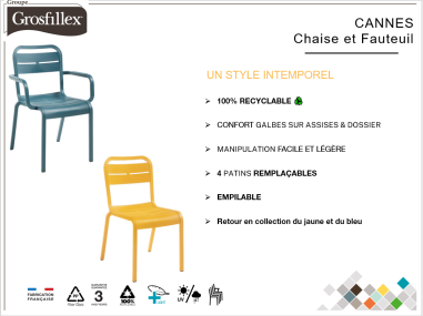 CHAISE EMPILABLE CANNES BLEU MINERAL - GROSFILLEX FRANCE