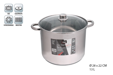 MARMITE 28CM DIAM HAUTEUR 22 CM  - ACIER INOX COUVERCLE EN VERRE