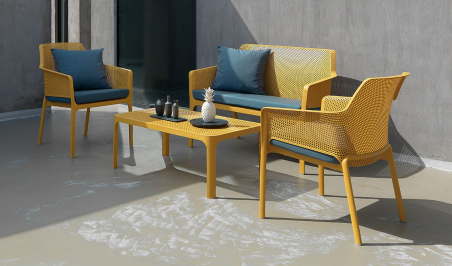 SALON NET NARDI SENAPE JAUNE-1 TABLE 1 CANAPE 2 FAUTEUILS RELAX Made in EU
