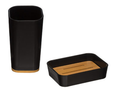 LOT GOBELET / PORTE SAVON NOIR SOCLE BAMBOU