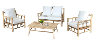 SALON "KARTA041" TECK 1 BANQUETTE 2 PL 2 FTEUILS 1 TABLE AVEC COUSSIN TERRACOTA