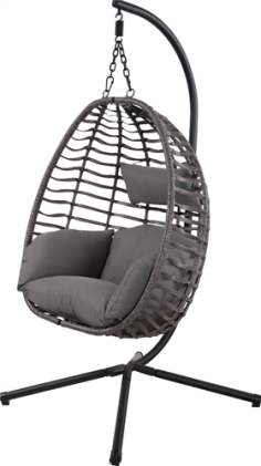 FAUTEUIL OVAL SUSPENDU GRIS TUBE NOIR AVEC COUSSINS GRIS