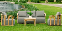 SALON YULI TECK 1 BANQUETTE 3 PL. 2 FAUTEUILS 1 TABLE AVEC COUSSIN