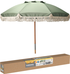 PARASOL PUSH UP BOIS 1M80 8 BALEINES TOILE 180G/M2 VERT AVEC FRANGE