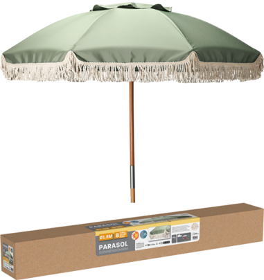 PARASOL PUSH UP BOIS 1M80 8 BALEINES TOILE 180G/M2 VERT AVEC FRANGE