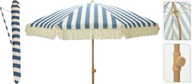 PARASOL DE JARDIN 2M 8 BALEINES MAT ACIER 28/32MM RAYURE BLEU/BLANC