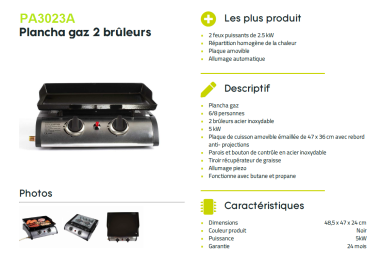 PLANCHA GAZ PREMIUM LUIS- FONTE EMAILLE - 2BRULEURS- Plaque 47 X 36cm **ESP**