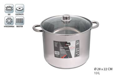 MARMITE 28CM DIAM HAUTEUR 22 CM  - 13L  ACIER INOX COUVERCLE EN VERRE