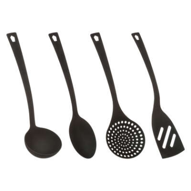 LOT 4 USTENSILES DE CUISINE EN NYLON NOIR LOUCHE SPATULE CUILLERE ECUMOIRE *ESP*