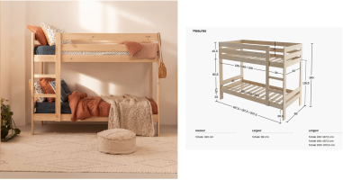 LIT SUPERPOSE " MONTREAL" 80 X190 -Pin naturel , avec sommier