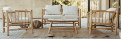 SALON JAVA TECK 1 BANQUETTE 2 PL. 2 FAUTEUILS 1 TABLE AVEC COUSSIN BEIGE
