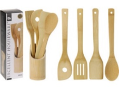 LOT DE 4 USTENSILES DE CUISINE EN BOIS AVEC SUPPORT