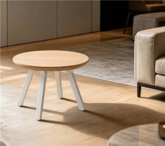 TABLE BASSE Ø60 CM X 55CM HAUTEUR - PIED BLANC PLATEAU BOIS CLAIR -  MATHILDE