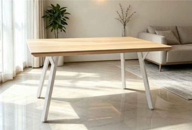 TABLE 120X80 CM X 75CM HAUTEUR - PIED BLANC PLATEAU BOIS CLAIR -  MATHILDE