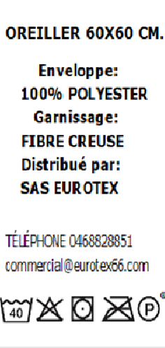 OREILLER BLANC MICROFIBRE 60X60 - 550g - MR 2022 2